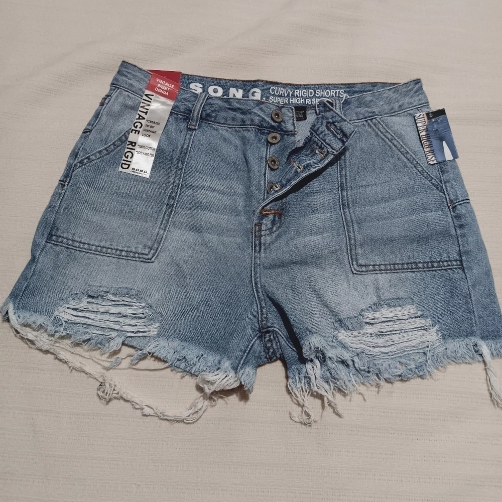 NWT SONG DENIM PERFECT SUPER HIGH RISE SHORT RAW HEM DISTRESSED VINTAGE RIGID 13